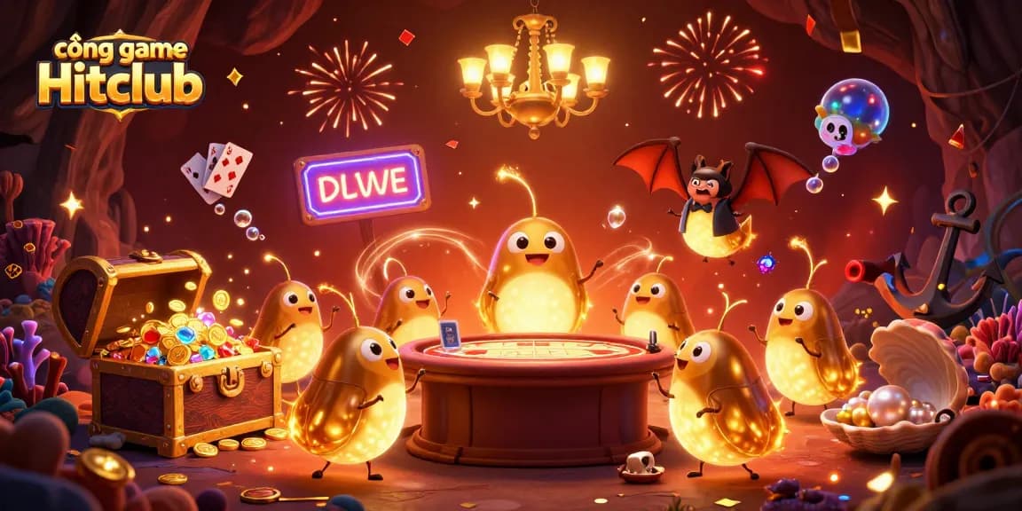 Experience the excitement of cổng game Hitclub with glowing characters and treasure in a vibrant casino backdrop.