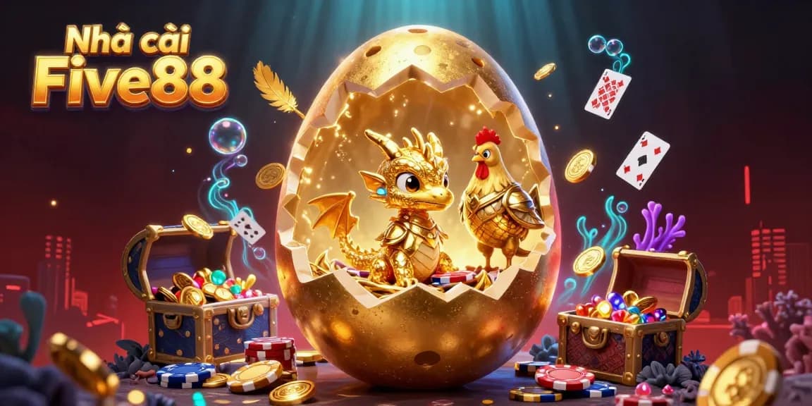 Engaging scene showcasing Nhà cái Five88's exciting atmosphere with a golden dragon and poker chips.