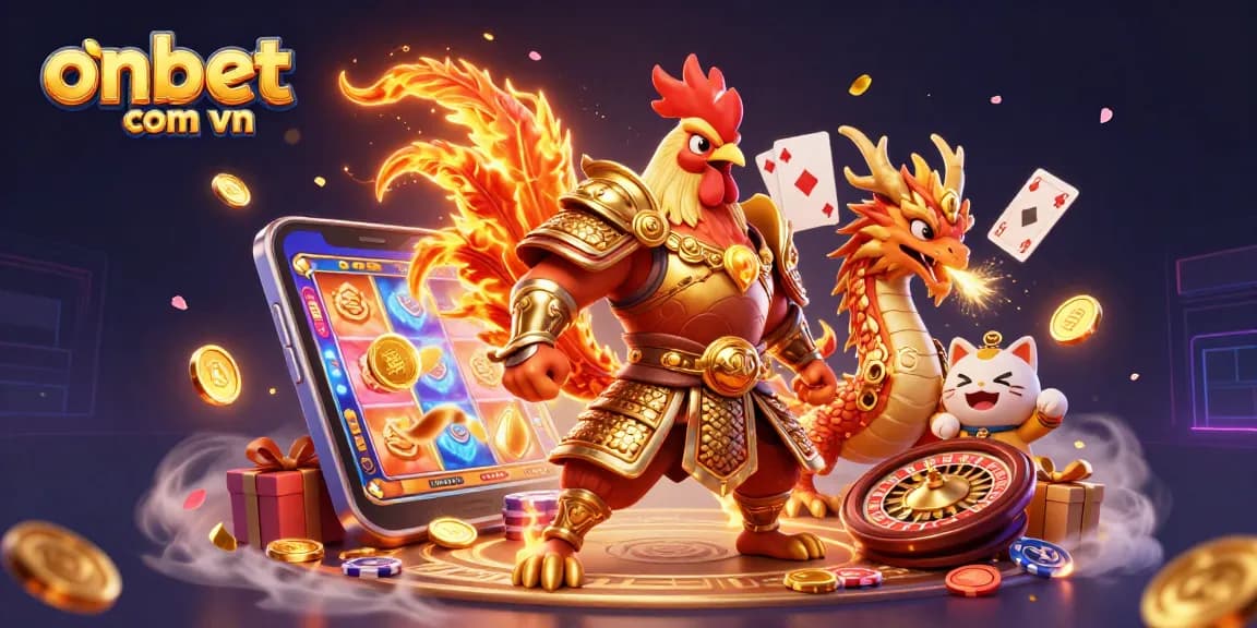 Experience thrilling gameplay at onbet com vn with a dynamic roulette scene and a colorful slot game background.