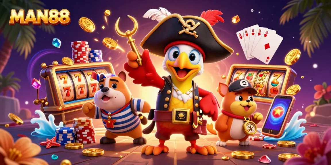 Experience thrilling slots action at MAN88 with a vibrant pirate-themed casino scene.