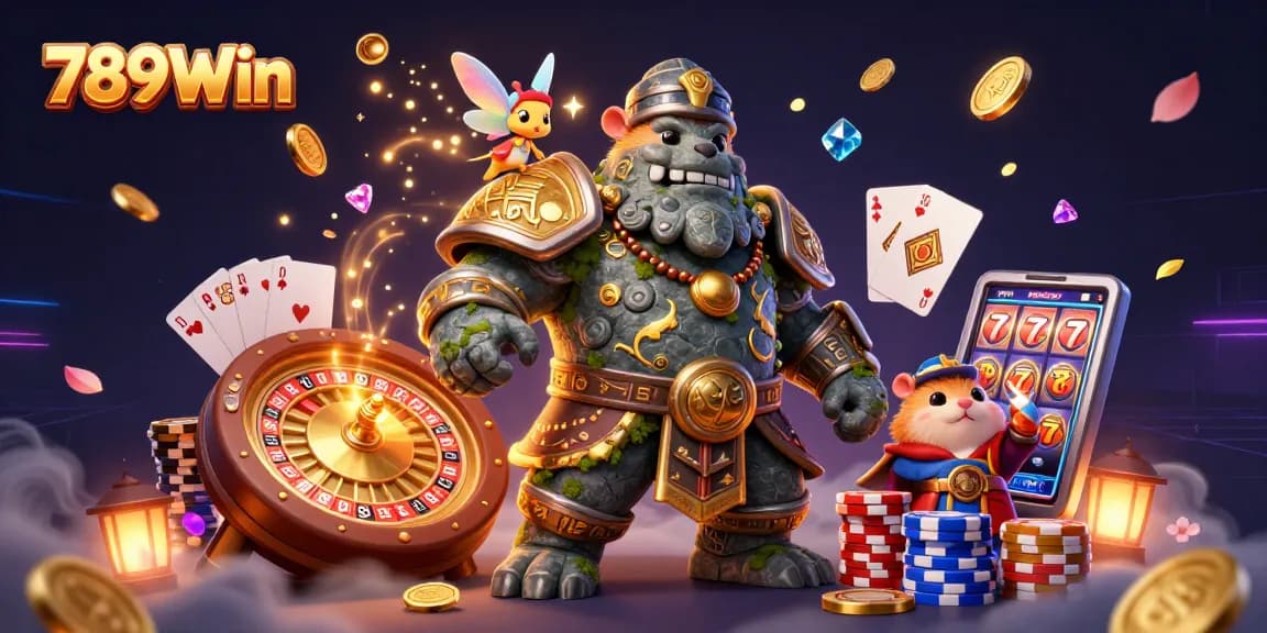 Experience the thrill of 789Win casino with a vibrant 3D scene showcasing magical characters, coins, and games.