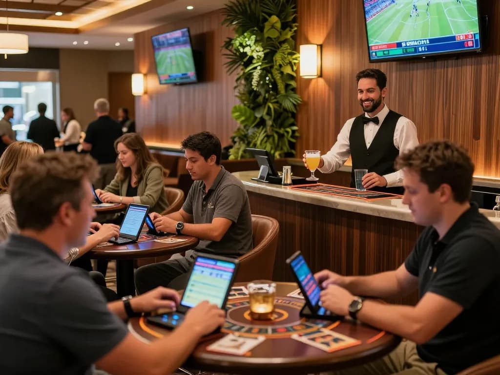 Tỷ lệ kèo nhà cái hôm nay displayed on mobile devices in an upscale sports betting lounge.