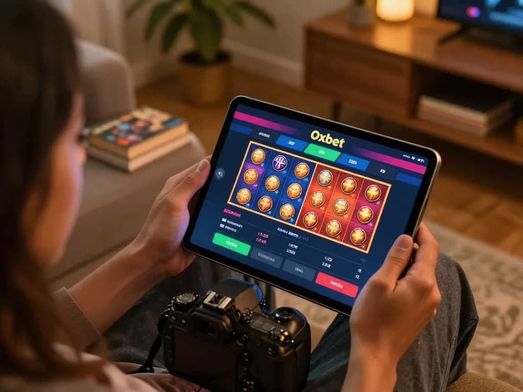 Engaging online gaming scene on Oxbet, showcasing a player navigating the casino app on a tablet, highlighting responsible gaming.