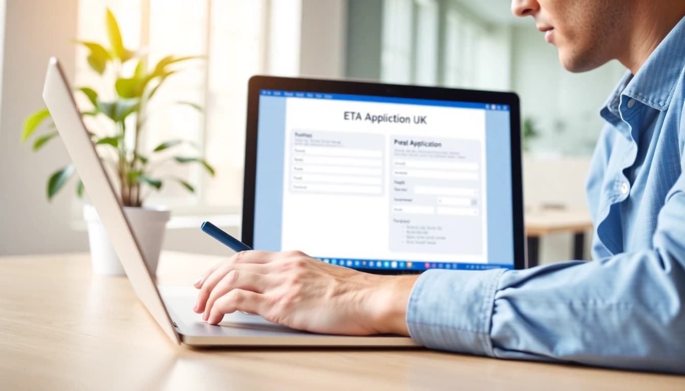 Complete the eta application uk process with a user actively engaged on a laptop in a modern office.