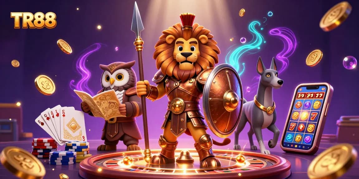 Experience TR88 with a heroic Spartan lion amidst casino treasures and enchanting visuals.