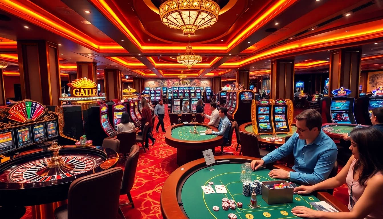 Players enjoying thrilling games at https://five88m.net/ casino, featuring vibrant tables, roulette, and excitement.