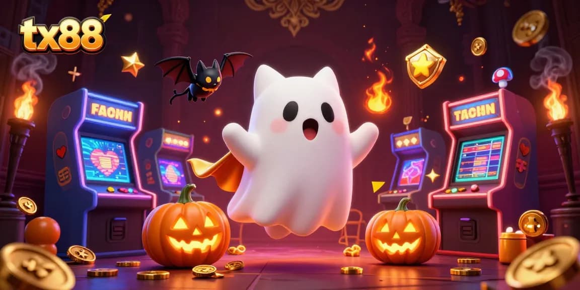 Experience thrilling gaming at tx88 with a ghost cat and bats in a haunted casino.