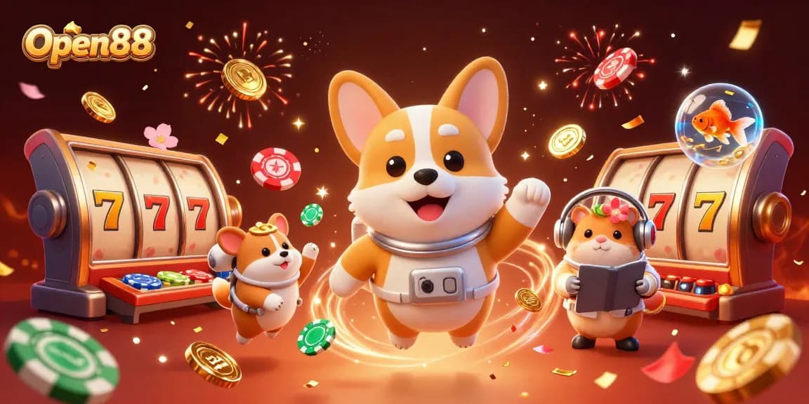 Open88's exciting gaming environment showcased by a 3D cartoon astronaut corgi amidst floating casino elements.