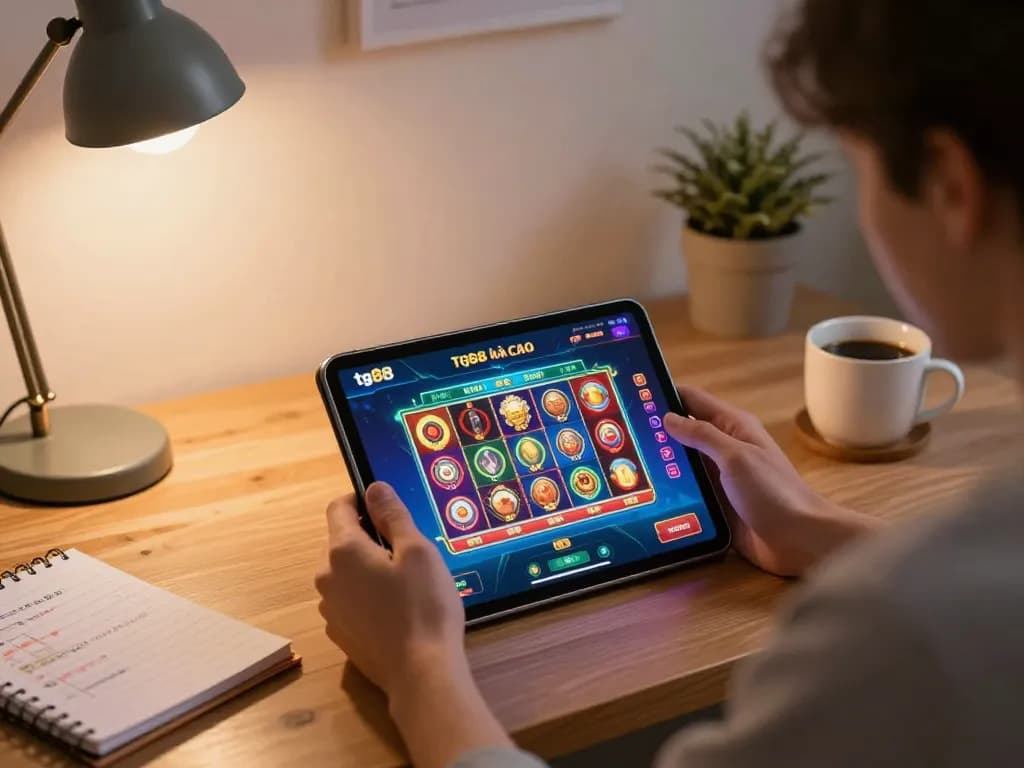 Engaging online gambling with tg88 nhà cái on a tablet, showcasing vibrant slot game graphics