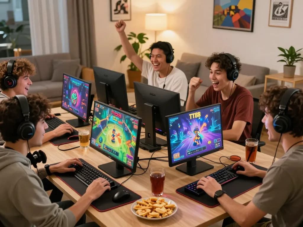 Enthusiastic group of friends playing TT88 games in a cozy living room.