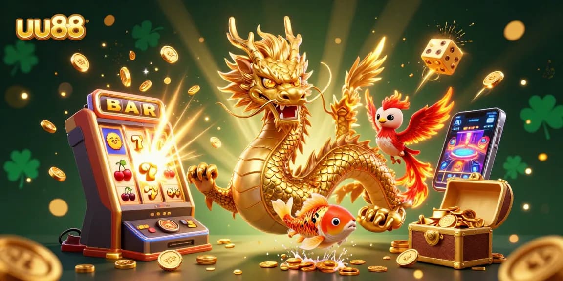Experience thrilling gaming with uu88, featuring a majestic dragon, phoenix, and koi fish amidst casino excitement.