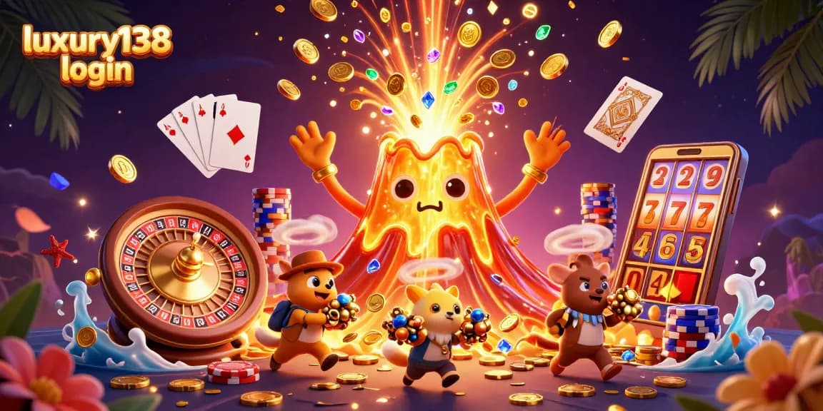 Experience luxury138 login while admiring the vibrant gambling action of 3D cartoon characters amidst golden treasures.
