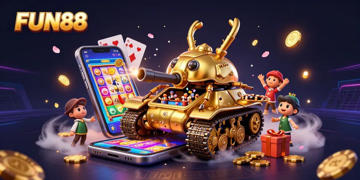 Engage in the vibrant FUN88 casino experience with a golden beetle tank revealing a miniature gaming world.