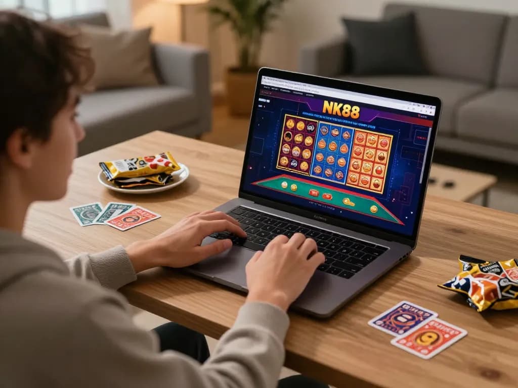 Engaging online gaming experience at home with the NK88 casino interface displayed, showcasing strategic gameplay.