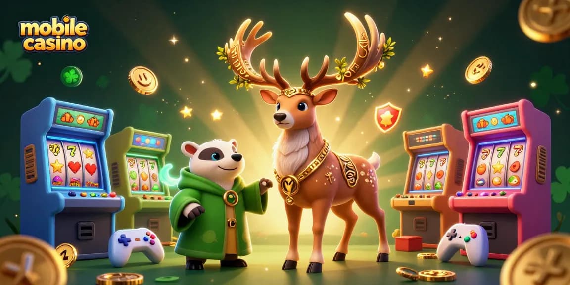 Engage with a captivating mobile casino scene featuring a druid stag, wise badger, and vibrant casino elements.