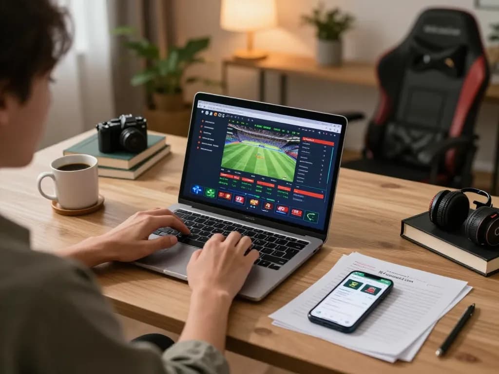 Soe keo nha cai analysis in a cozy home gaming setup showcasing sports betting strategies on laptop.