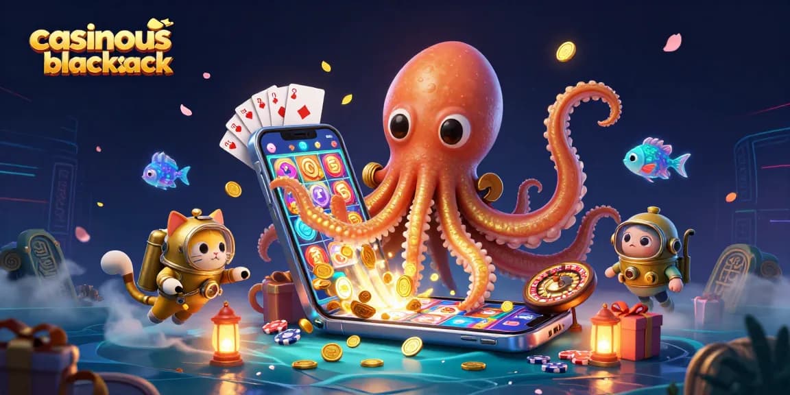 Win big with casinous blackjack in a vibrant scene of golden tentacles and casino fun!