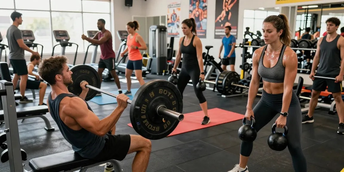 Muscular individuals training at Steroide Boutique gym, showcasing fitness dedication and energetic atmosphere