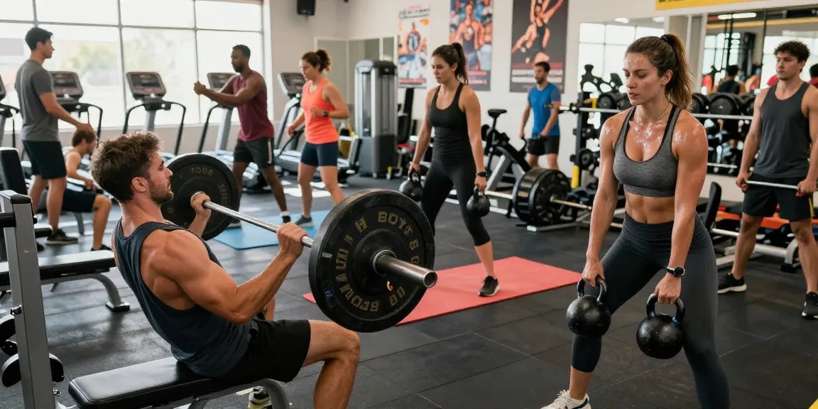 Muscular individuals training at Steroide Boutique gym, showcasing fitness dedication and energetic atmosphere