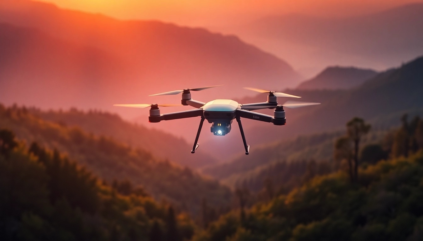 Lidar drone actively scanning a mountainous landscape for detailed terrain mapping.