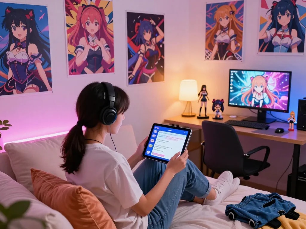 Engaging with a Hentai AI chat on a tablet surrounded by colorful anime décor and plush cushions.