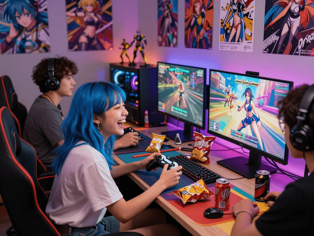 Engaged friends playing hentai games in a lively gaming setup with vibrant decor and dim LED lights.
