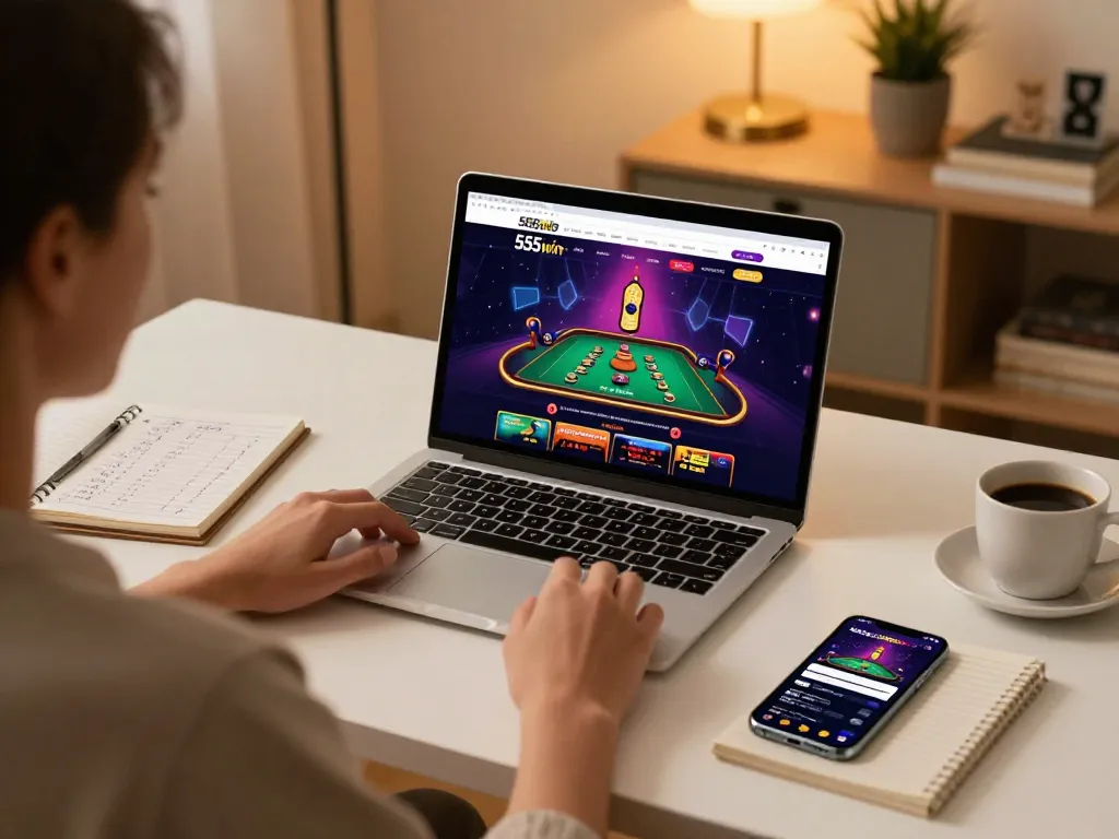 Experience immersive online gameplay with 555win in a cozy home setup, highlighting strategic betting.