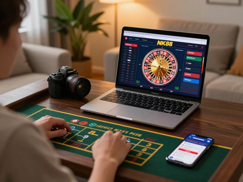Playing live roulette at NK88 casino from a cozy home setup with laptop and smartphone