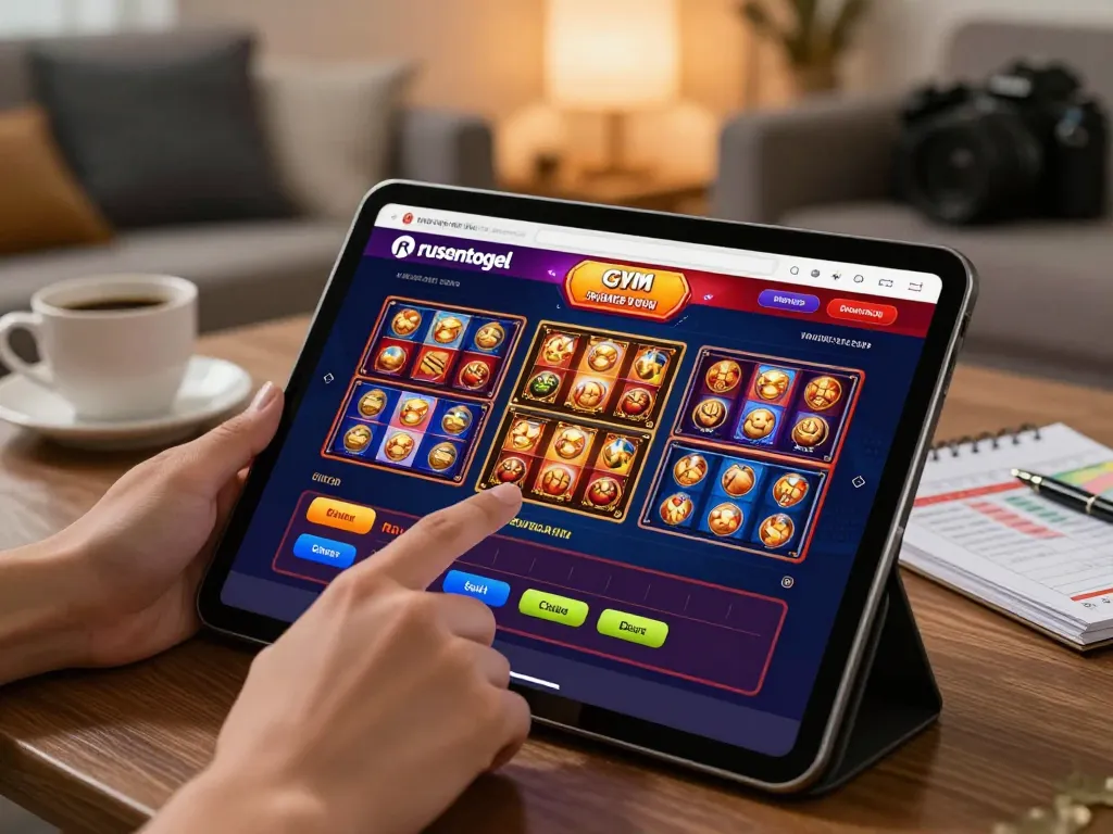 Playing rusuntogel interactive slot games on a tablet in a cozy setting, showcasing dynamic betting options.