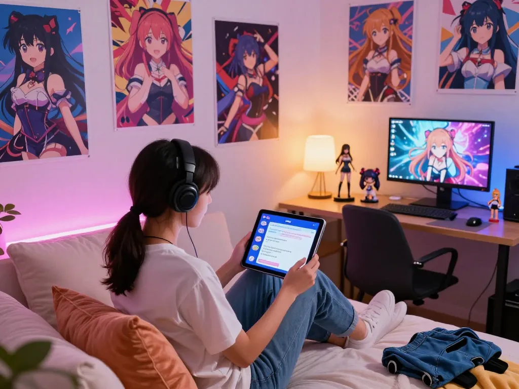 Engaging with a Hentai AI chat on a tablet surrounded by colorful anime décor and plush cushions.