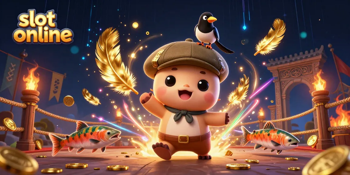 Win big with slot online, featuring cartoon characters in a vibrant casino scene with gold coins and jackpot elements.