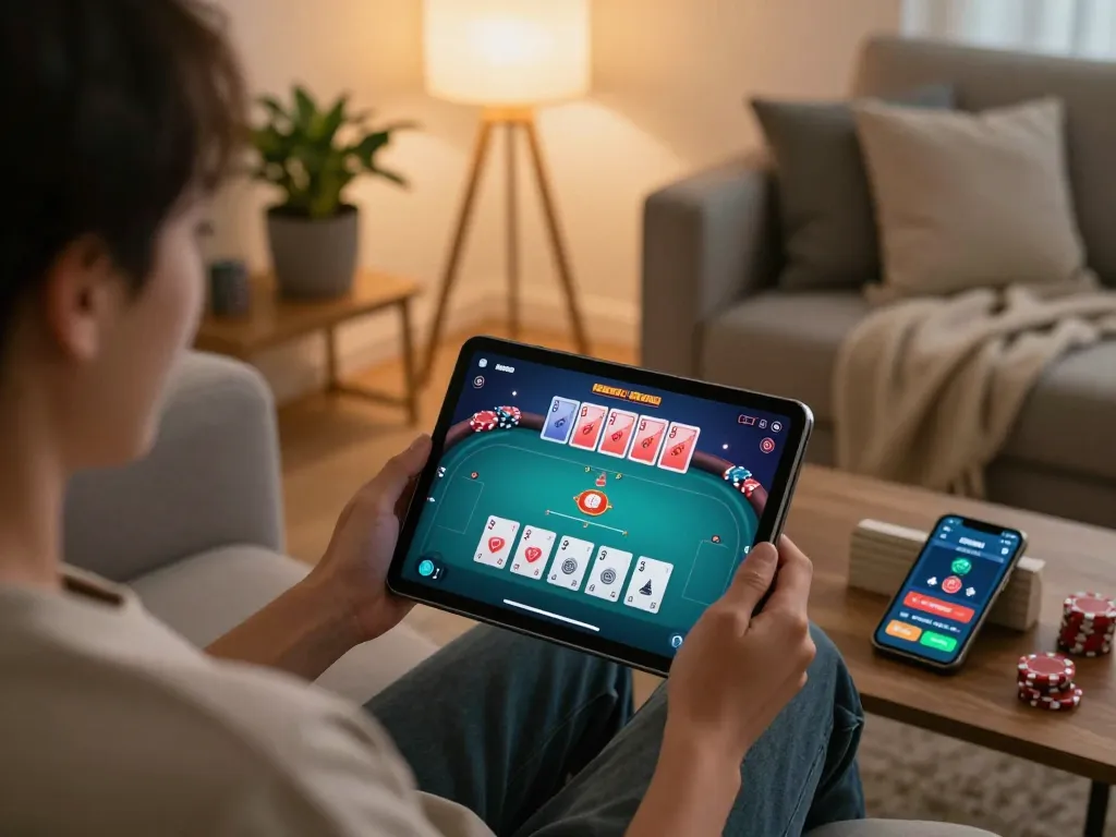 Engaging in online poker on LC88 app in a cozy living room setting, showcasing strategic gameplay.