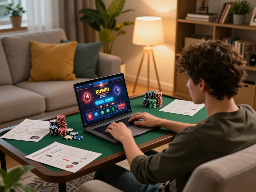 Player engaging in kuwin online casino gaming with chips and strategy notes on the table