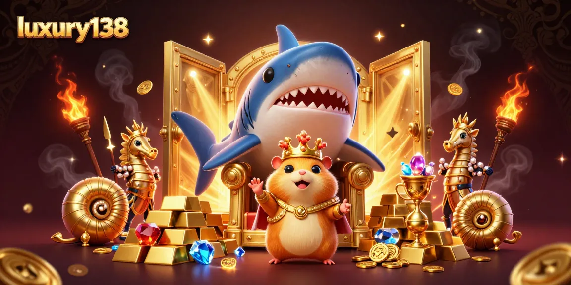 Enjoy thrilling action with luxury138 as the golden hamster king reigns over a treasure-filled casino scene.