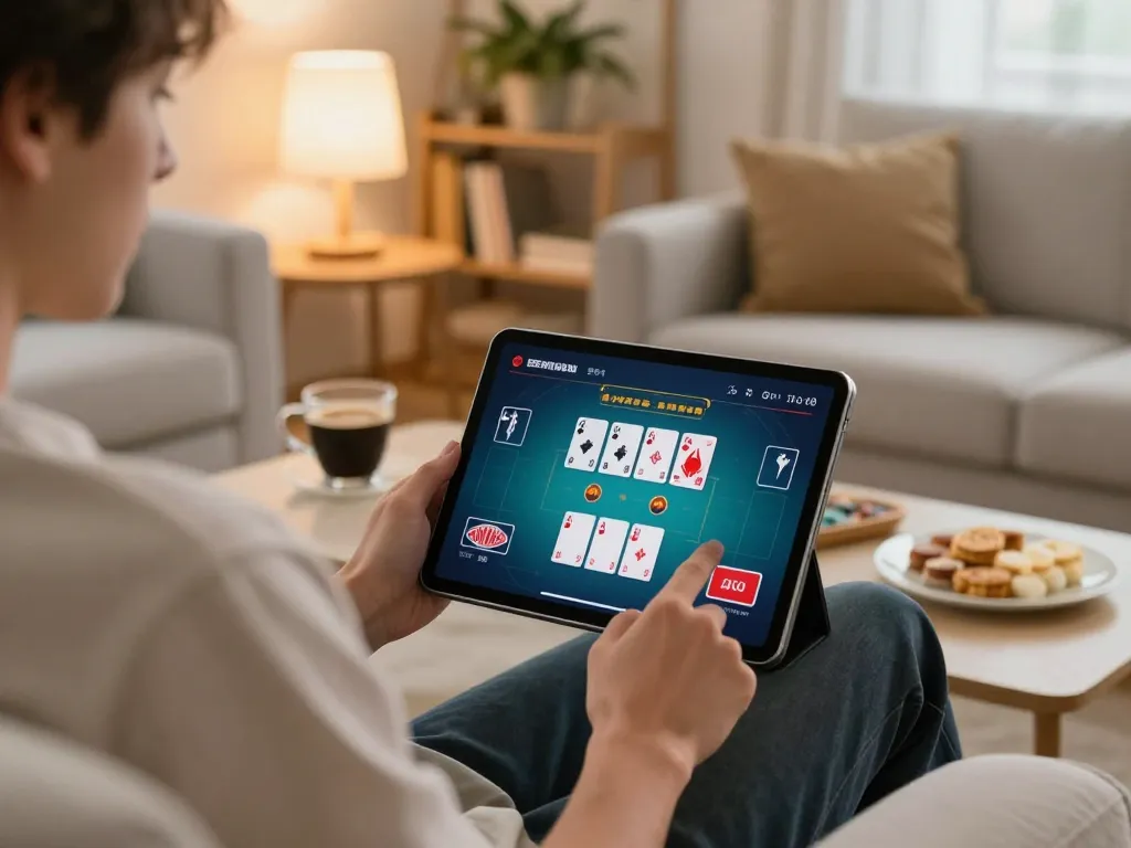 Engaging gameplay at nhà cái 98win, enjoying poker on a tablet in a cozy living room