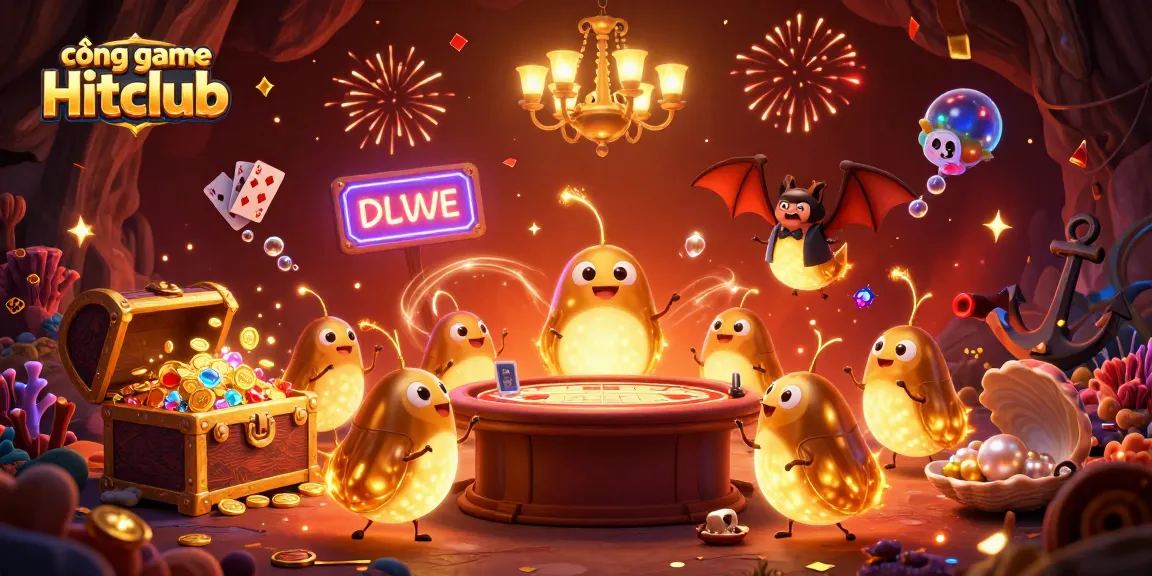 Experience the excitement of cổng game Hitclub with glowing characters and treasure in a vibrant casino backdrop.