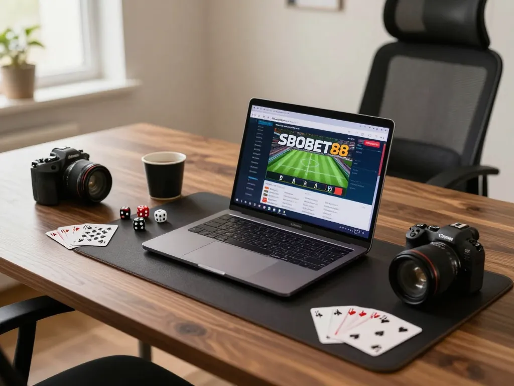Pengaturan permainan online SBOBET88 dengan antarmuka taruhan olahraga di laptop, menciptakan suasana rumah yang nyaman.