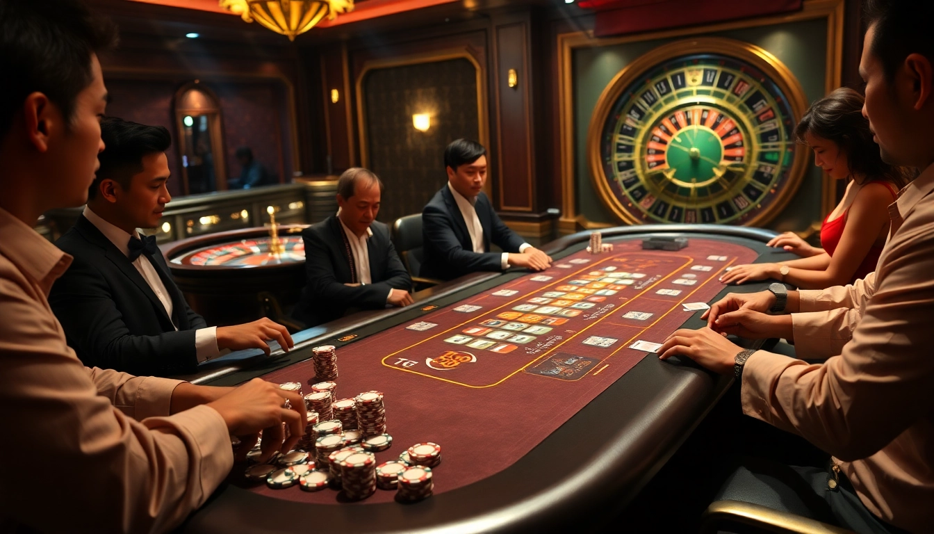 Players enjoying high-stakes poker at a TG88-themed casino table, showcasing excitement and luxury.