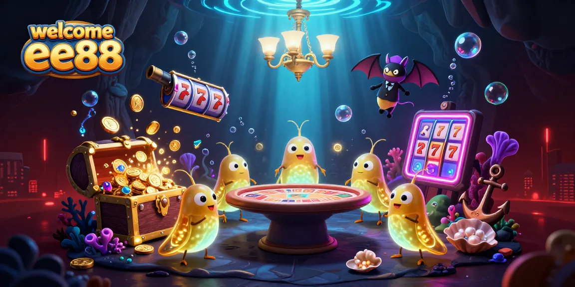 Engage with the vibrant casino scene lighting up with welcome ee88 as animated glowworms and a bat dealer captivate players.