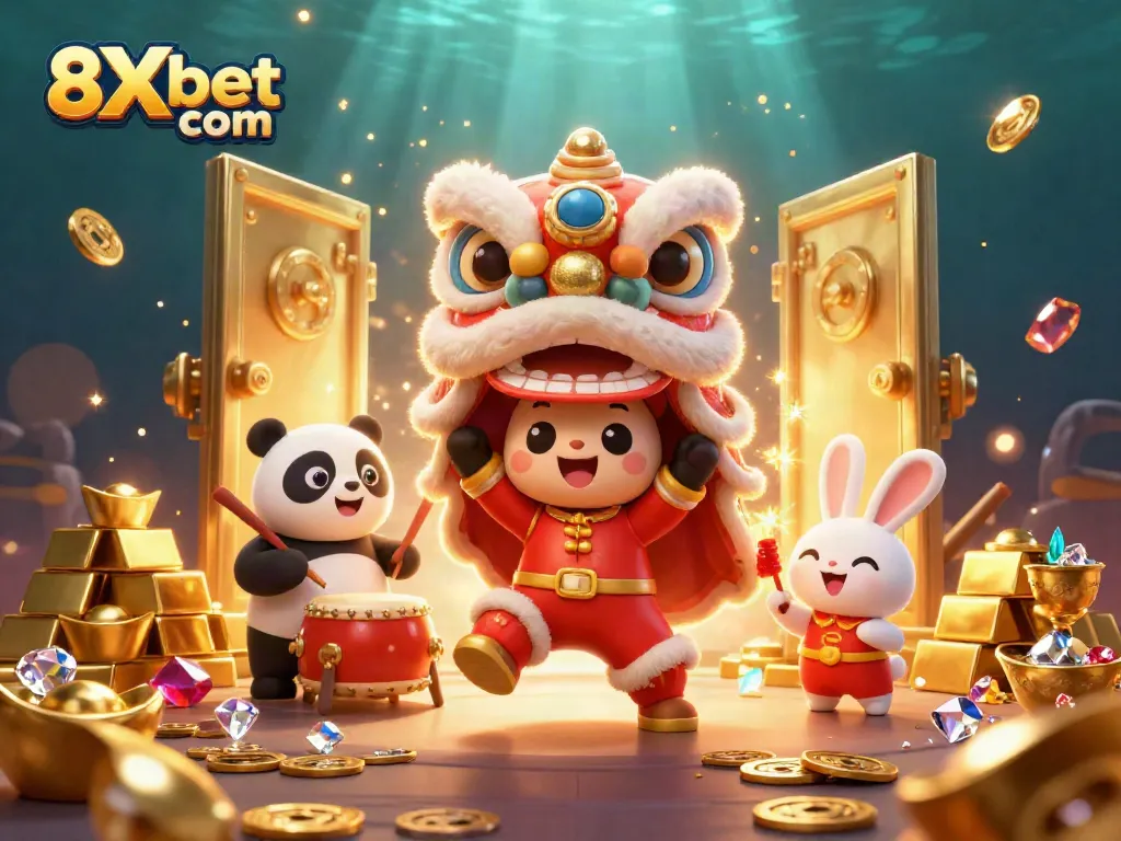 Engage with the thrilling atmosphere at 8Xbet com, featuring a vibrant lion dance and treasures.