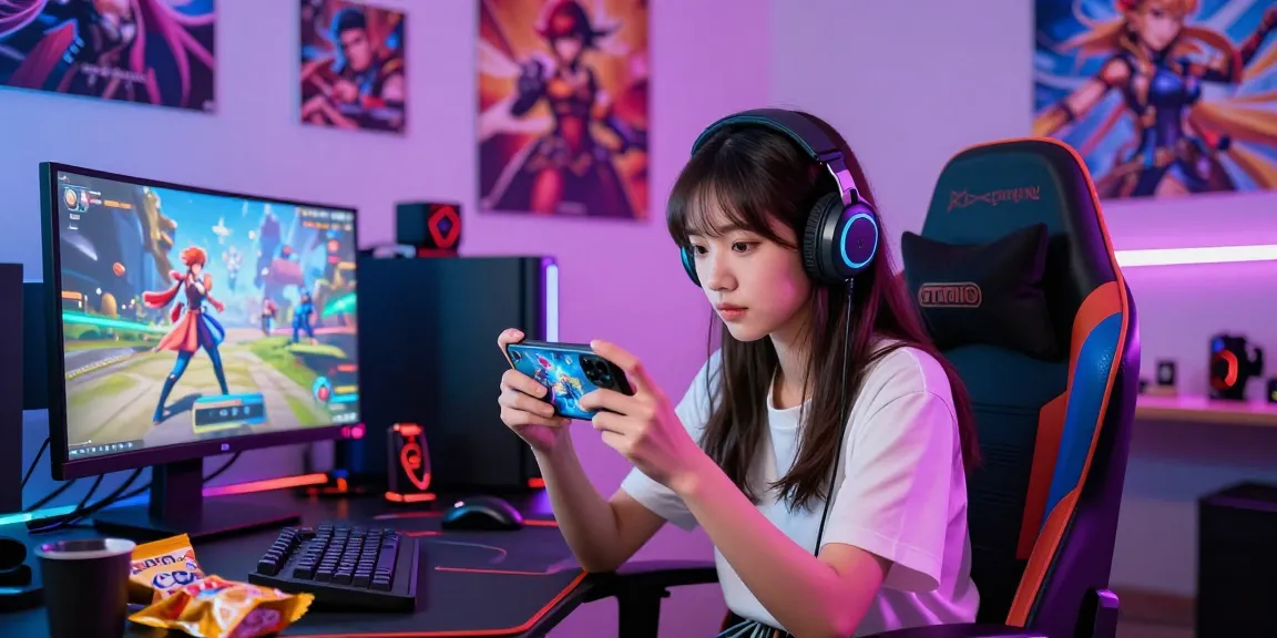 Engaged gamer playing a mobile hentai game in a colorful gaming setup.