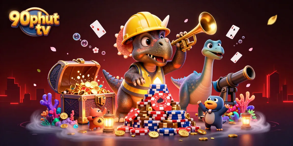 90phut tv's exciting scene of a triceratops and parasaurolophus celebrating at a poker chip pyramid