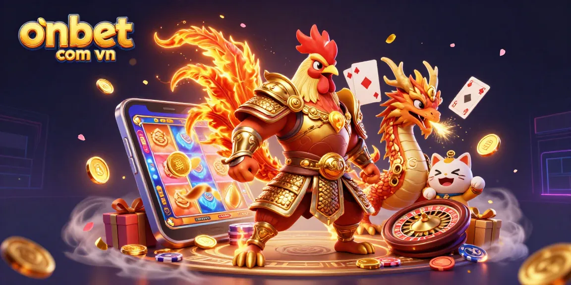 Experience thrilling gameplay at onbet com vn with a dynamic roulette scene and a colorful slot game background.