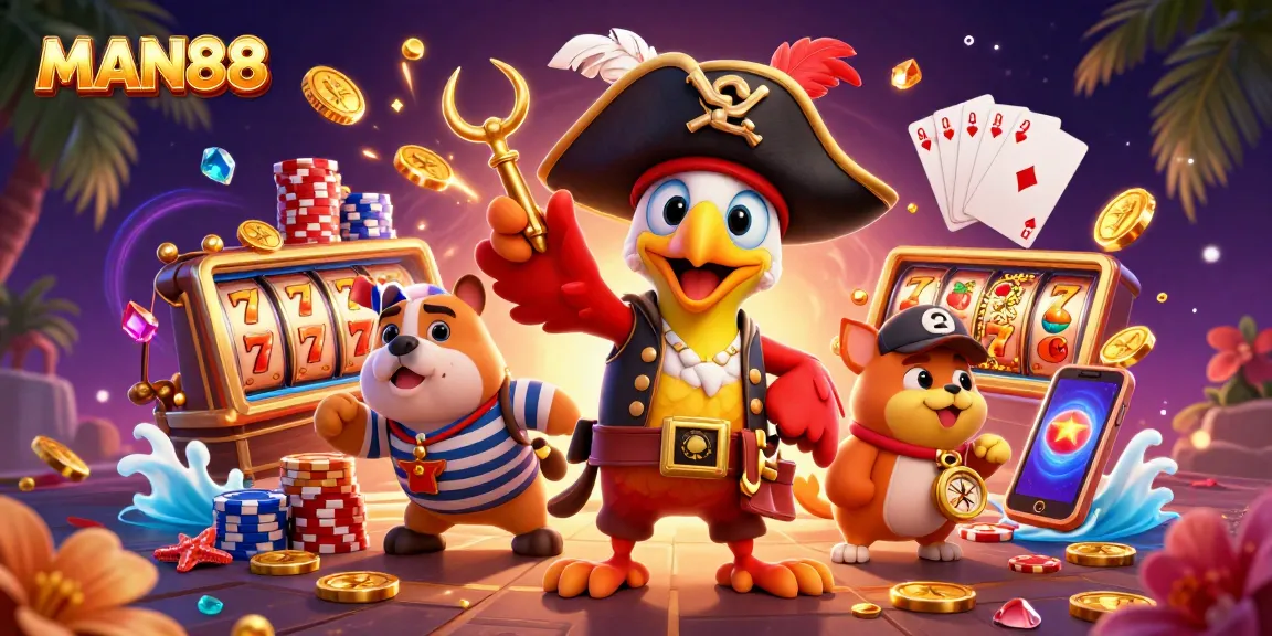Experience thrilling slots action at MAN88 with a vibrant pirate-themed casino scene.