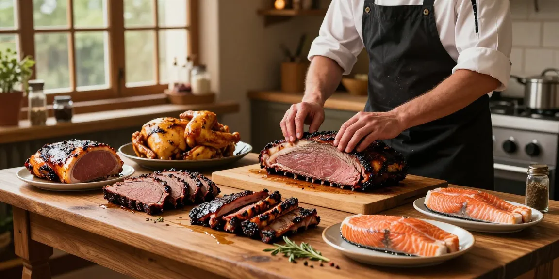 Delicious smoked meats preparation at Moe's Smoke Shop, showcasing rokok88 alternatif with quality ingredients
