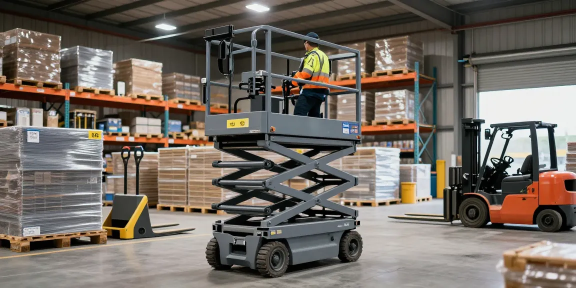 Electric scissor lift for sale in a busy warehouse with a technician operating it efficiently.