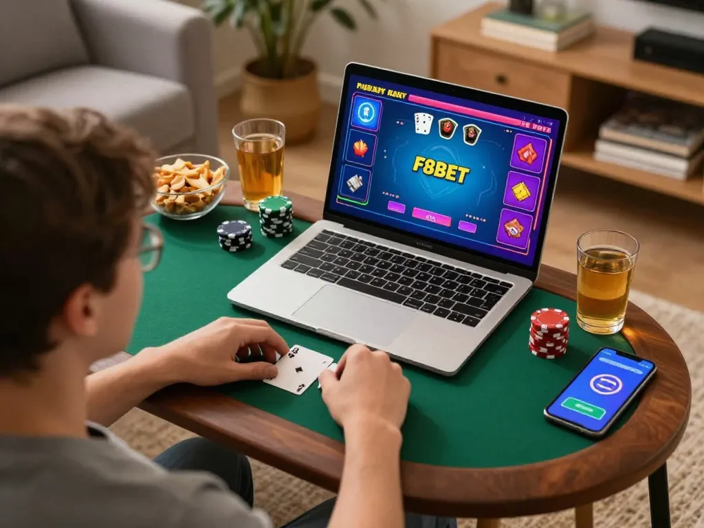 Exciting online poker gameplay with F8BET interface in a cozy home setting.