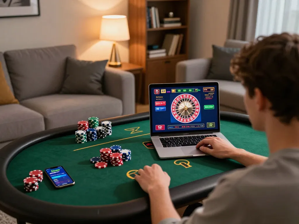 Engaged player using bsport app on laptop to strategize online gambling with vibrant roulette graphics.