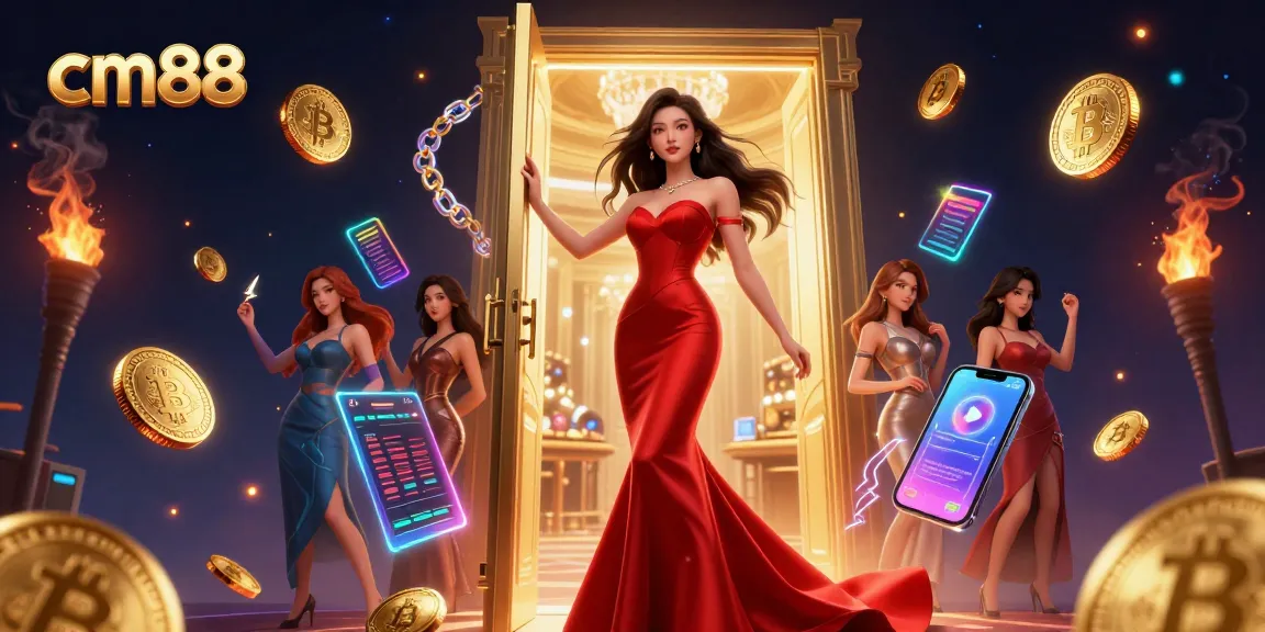 Win big at cm88 with a beautiful Asian woman in a red gown surrounded by glowing crypto coins and casino elements.