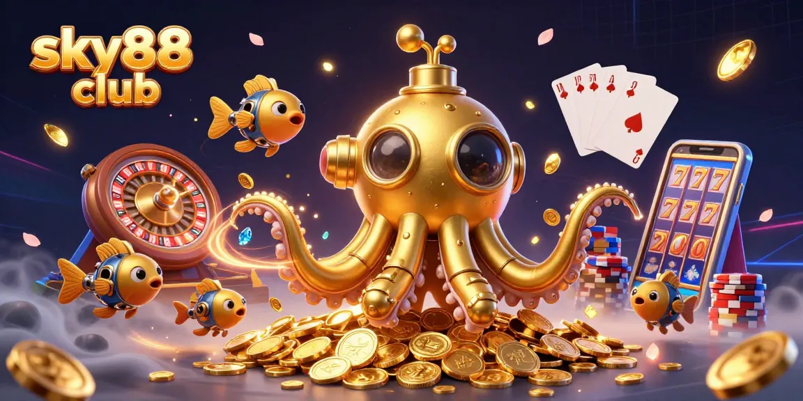 Experience the thrill at sky88 club with a vibrant scene of casino gaming amidst gold coins and sparkling gems.